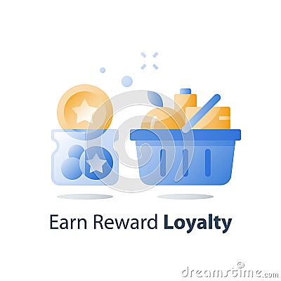 Earn bonus points, full grocery basket, loyalty program, consumption incentive, collect tokens Vector Illustration