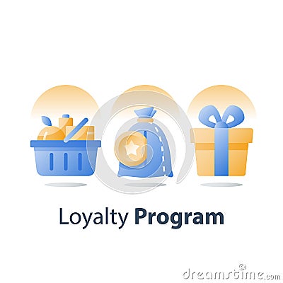 Earn bonus points, full grocery basket, loyalty program, redeem reward gift, present box, collect tokens Vector Illustration