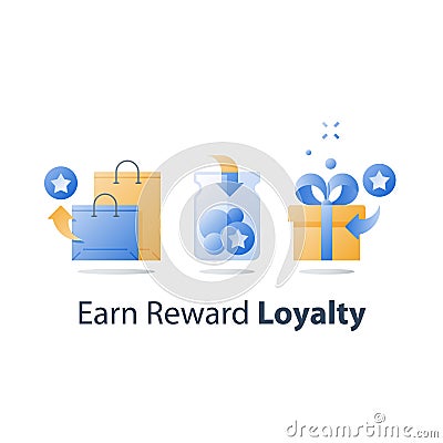 Earn gift, reward points, loyalty concept, incentive program, redeem gift, present box, collect bonus Vector Illustration