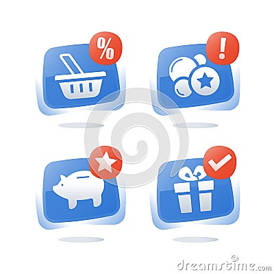 Earn points and get reward, loyalty program, discount coupon, piggy bank savings, redeem gift, cash back for purchase Vector Illustration