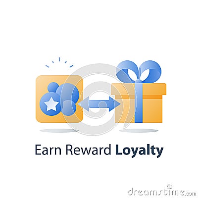 Collect bonus tokens, earn points, loyalty program, reward gift, present box, redeem prize, perks concept Vector Illustration