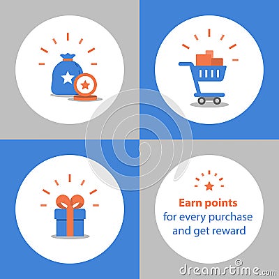 Earn points for purchase, loyalty program, reward concept, full shopping cart, redeem gift Vector Illustration