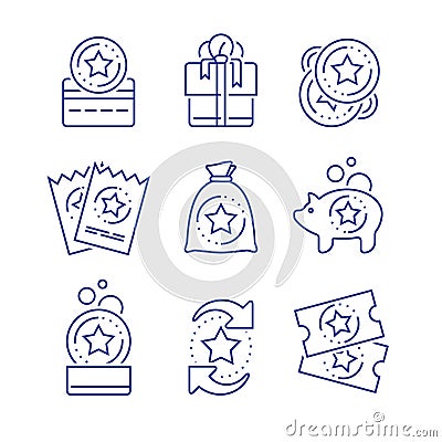 Earn reward, loyalty incentives, bonus card, redeem gift, discount coupon, collect coins, win present, lottery ticket, line icon Vector Illustration