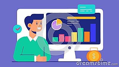Earnings Dashboard A computer screen displaying a colorful earnings dashboard with a strategist explaining the metrics Stock Photo