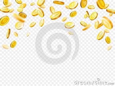 Earnings gold money rain. Golden coins of million dollars lottery games prize. Cash explosion and flying coin vector Vector Illustration