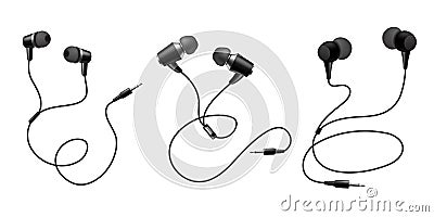 Earphones. Black headphone. Realistic audio gadget with speaker. View from different sides on mobile headset. Wire Vector Illustration