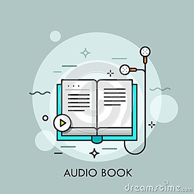 Earphones connected to paper book and play button. Vector Illustration