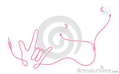 Earphones, In Ear type pink color and I Love You hand sign Vector Illustration