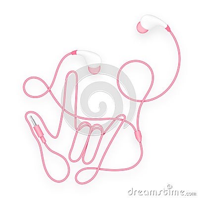 Earphones, In Ear type pink color and I Love You hand sign Vector Illustration