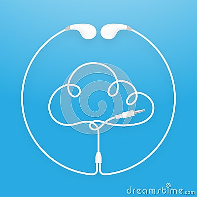 Earphones, Earbud type white color and Cloud symbol with circle Vector Illustration