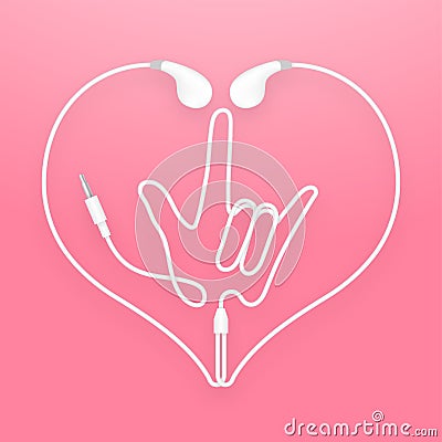 Earphones, Earbud type white color and I Love You hand sign Vector Illustration