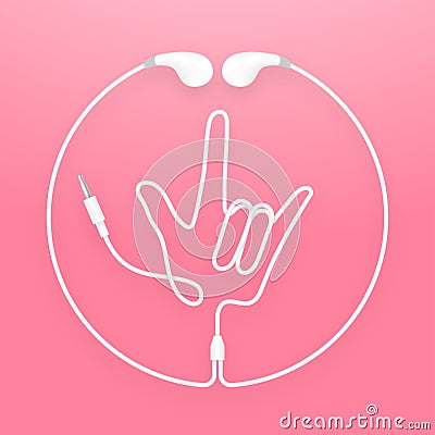 Earphones, Earbud type white color and I Love You hand sign lang Vector Illustration