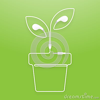 Earphones, Earbud type white color and Leaf Plant with pot Vector Illustration