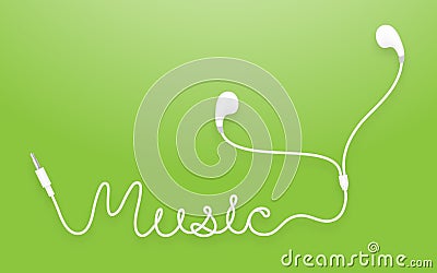 Earphones, Earbud type white color and music text Vector Illustration