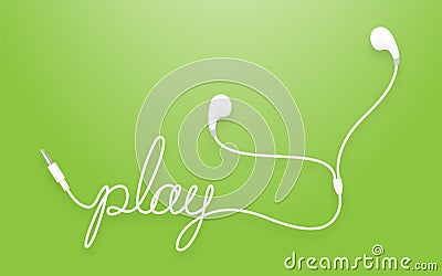 Earphones, Earbud type white color and play text made from cable Vector Illustration