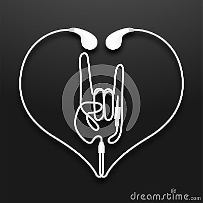 Earphones, Earbud type white color and Rock hand sign language Vector Illustration