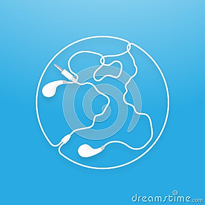 Earphones, Earbud type white color and World globe symbol Vector Illustration