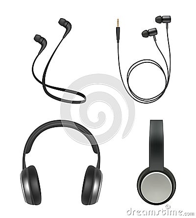 Earphones realistic. Headphone music accessory electronic items vector collection Vector Illustration