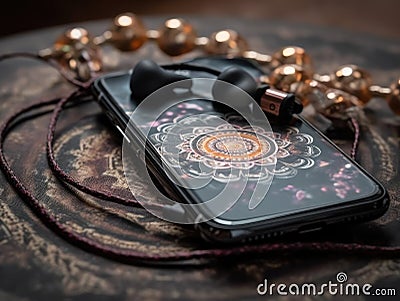 Earphones smartphone meditation app screen Stock Photo