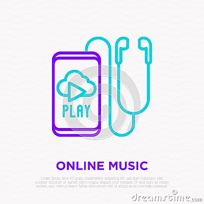 Earphones, smartphone with online music line icon Vector Illustration