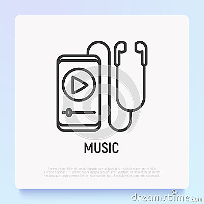 Earphones and smartphone with online music thin line icon. Modern vector illustration Vector Illustration