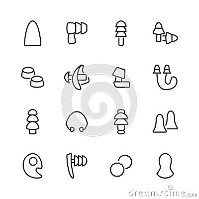 Earplugs flat line icons. Healthy sleep without snore, ear safety illustrations. Thin signs for medical store. Pixel Vector Illustration