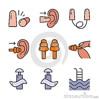 Earplugs icons set color vector. Anti-noise device. Earplugs protection Vector Illustration