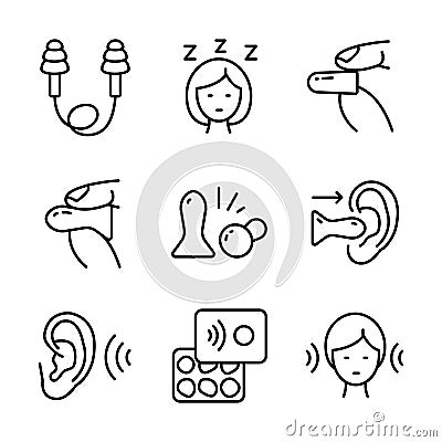 Earplugs icons set outline. Care device. Ear protection. Vector signs isolated on white background. Earplug symbols collection. Vector Illustration