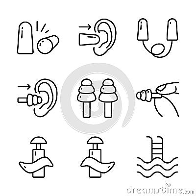 Earplugs icons set outline vector. Anti-noise device. Earplugs protection Vector Illustration