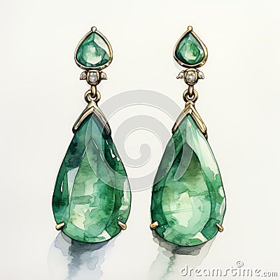 Realistic Emerald Earrings: A Gentle Watercolor Illustration Stock Photo