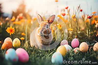 Ears Bunny with Decorated Easter Eggs In Flowery Field easter holiday theme Stock Photo