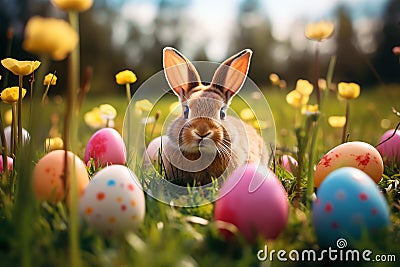 Ears Bunny with Decorated Easter Eggs In Flowery Field easter holiday theme Stock Photo