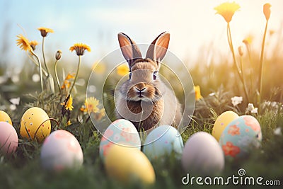 Ears Bunny with Decorated Easter Eggs In Flowery Field easter holiday theme Stock Photo