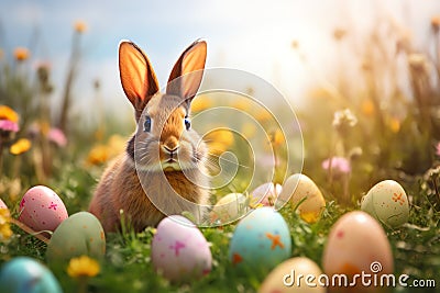 Ears Bunny with Decorated Easter Eggs In Flowery Field easter holiday theme Stock Photo