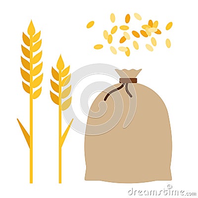 Ears of corn and a bag of wheat flat icon vector isolated Vector Illustration