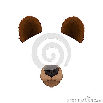 Ears and nose of brown bear. Mask of wild forest animal. Deatiled flat vector design for selfie photo decor or video Vector Illustration