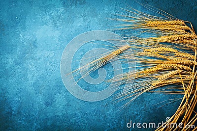 Ears of rye on vintage background top view. Autumn harvest. Stock Photo