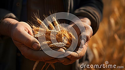 Ears of wheat in the hands of a farmer in a field Stock Photo