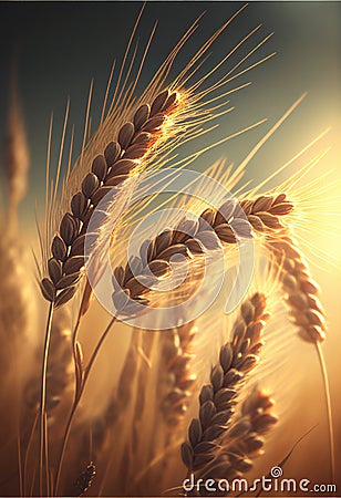 Ears of wheat ripen in a field at sunset. AI generated. Stock Photo