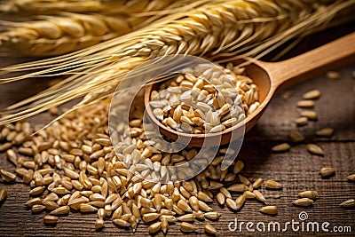 Ears of Wheat, Wheat ears and bowl of wheat grains on brown wooden background Stock Photo
