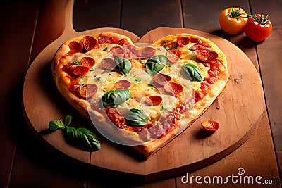 Ð eart shaped pizza on a wooden board. Generative ai Stock Photo