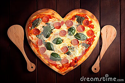 Ð eart shaped pizza on a wooden board. Generative ai Stock Photo
