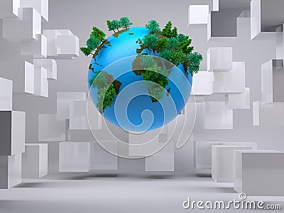 Earth on abstract background with cubes Stock Photo