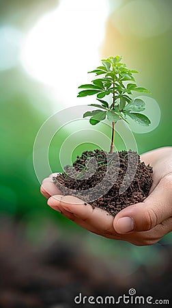 Earth admiration Tree in human hand on a nature background Stock Photo