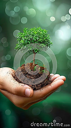 Earth admiration Tree in human hand on a nature background Stock Photo
