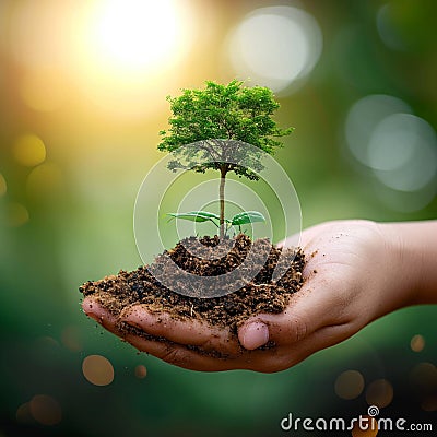 Earth admiration Tree in human hand on a nature background Stock Photo