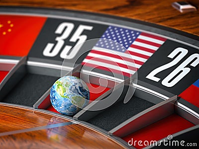 Earth as a ball of casino roulette with american USA flag in winning number. Time of world leadership of USA and winning in world Cartoon Illustration