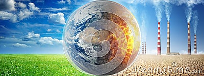 Earth on a background of grass and clouds versus a ruined Earth on a background of a dead desert with Smoking chimneys of Stock Photo