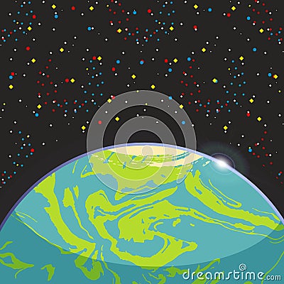 Earth - blue globe terrestrial exo planet on dark space stars background. Futuristic cartoon scenery. Vector space illustration Vector Illustration