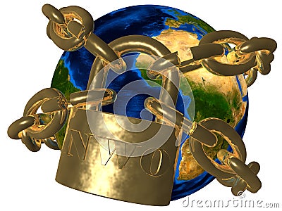 Earth breaking golden chain of NWO Stock Photo